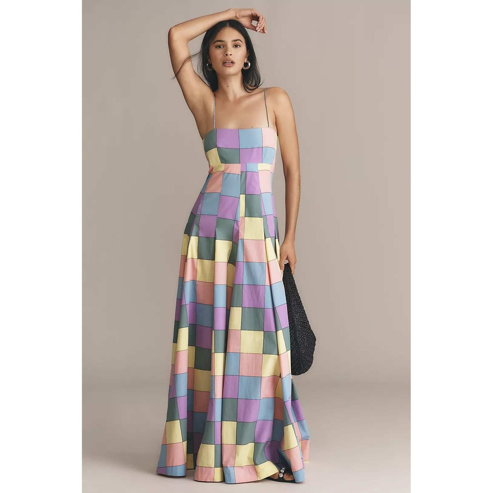 SWF Maxi Dress XS Bandeau Cotton Colorful Patchwork Cut Out Back Square Neck